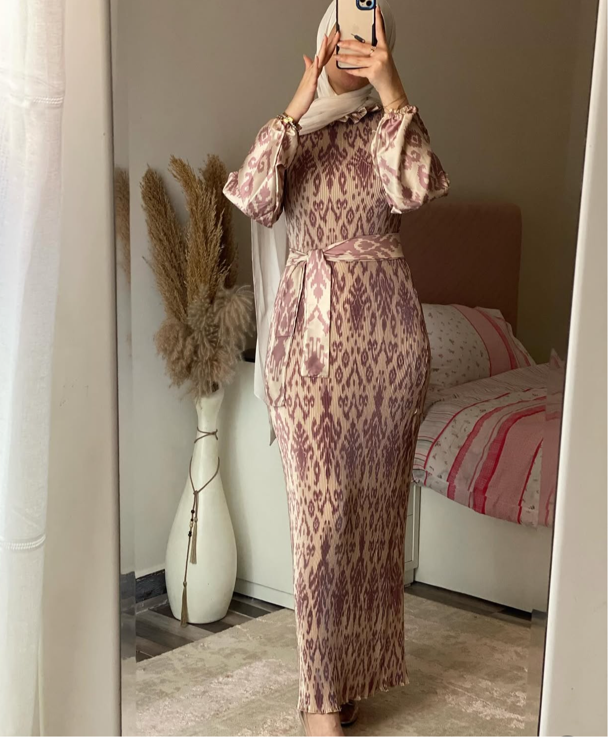 modest pleated dress Modest Beige Floral Pleated Dress 23502BEJ