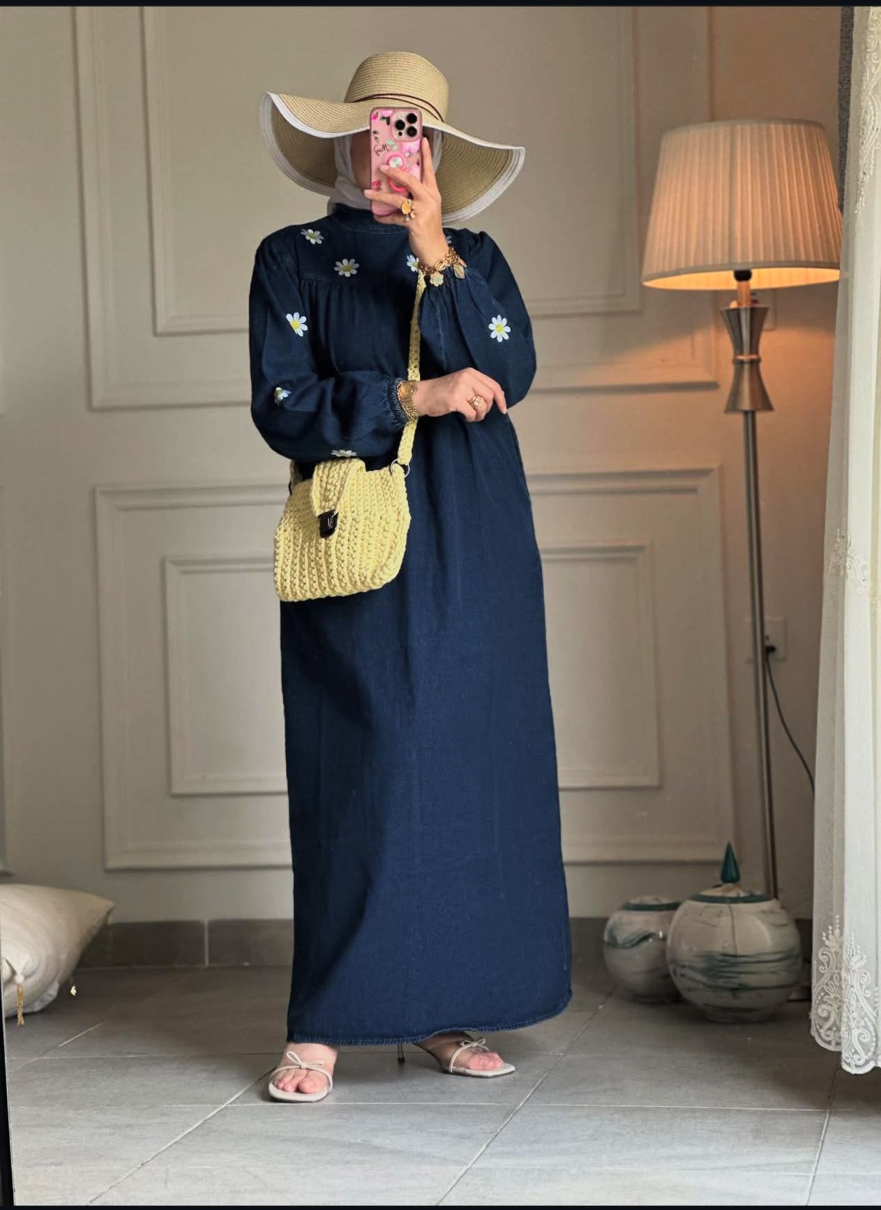 Daisy Embroidered Denim Abaya