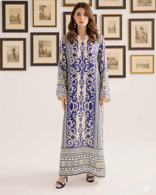 Model wearing a printed Rahath kaftan