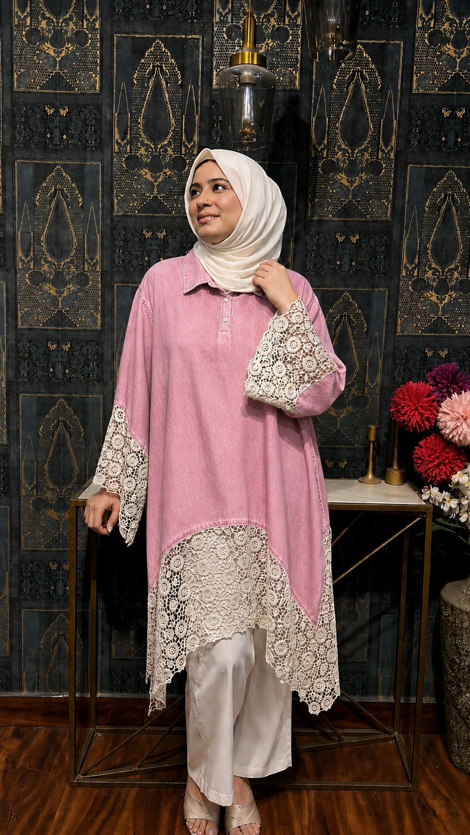 DENIM CROCHET PANEL TUNIC SET