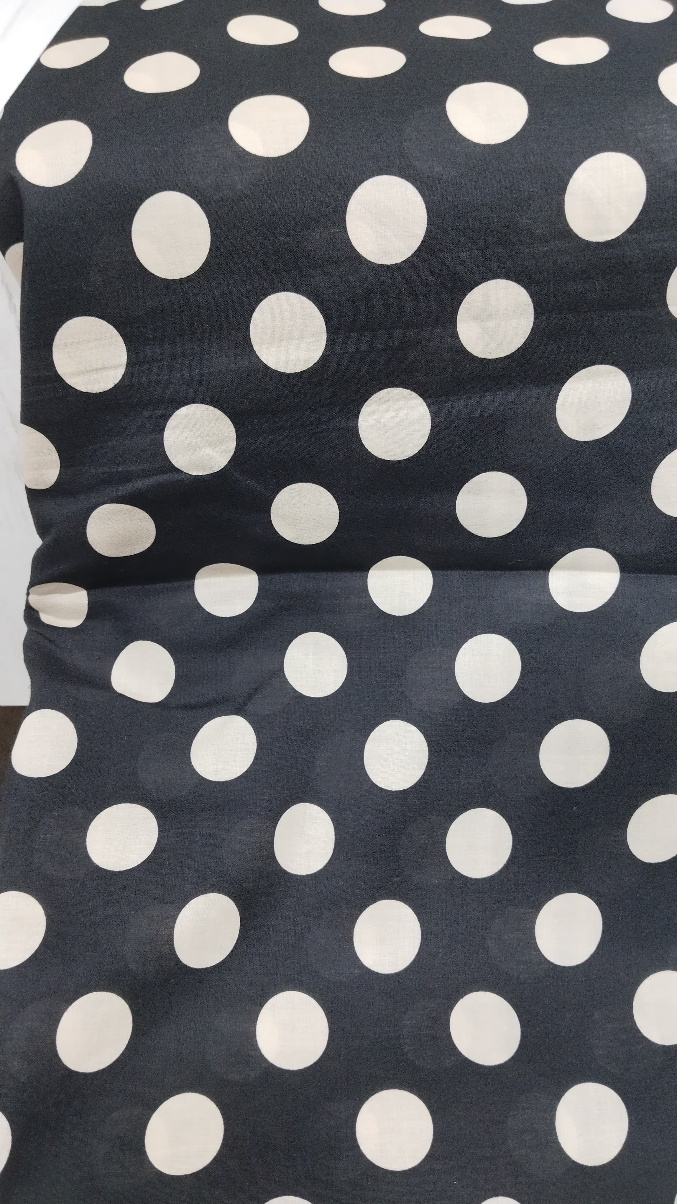 Black fabric with white polka dots
