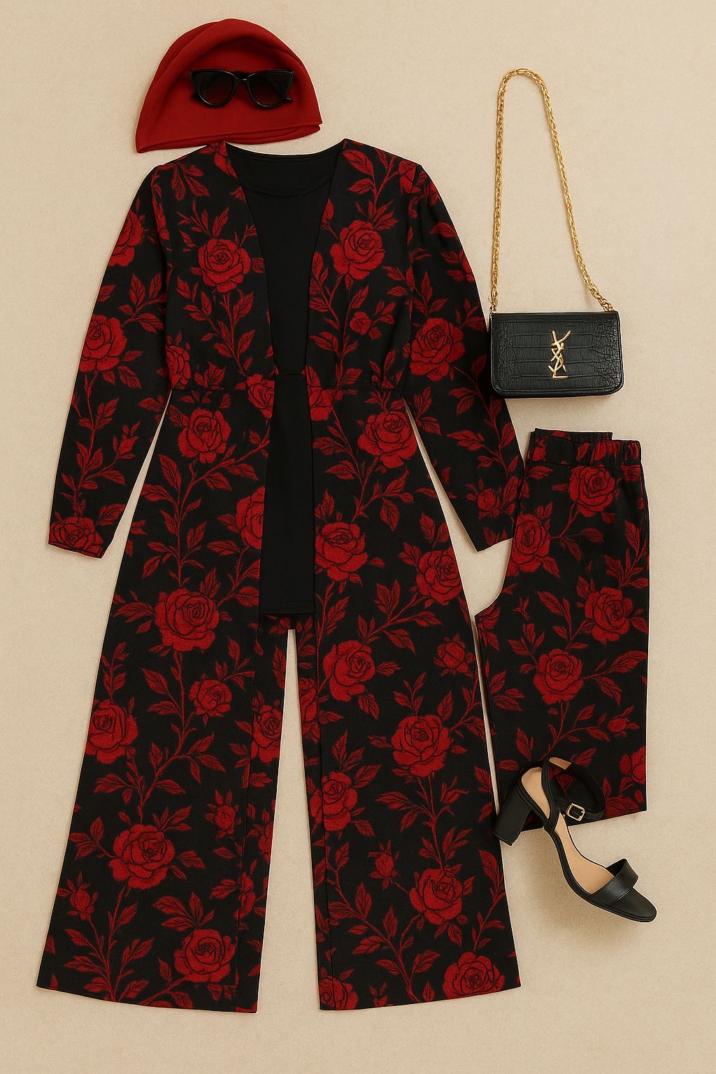 Red rose printed modest set(3 piece set)