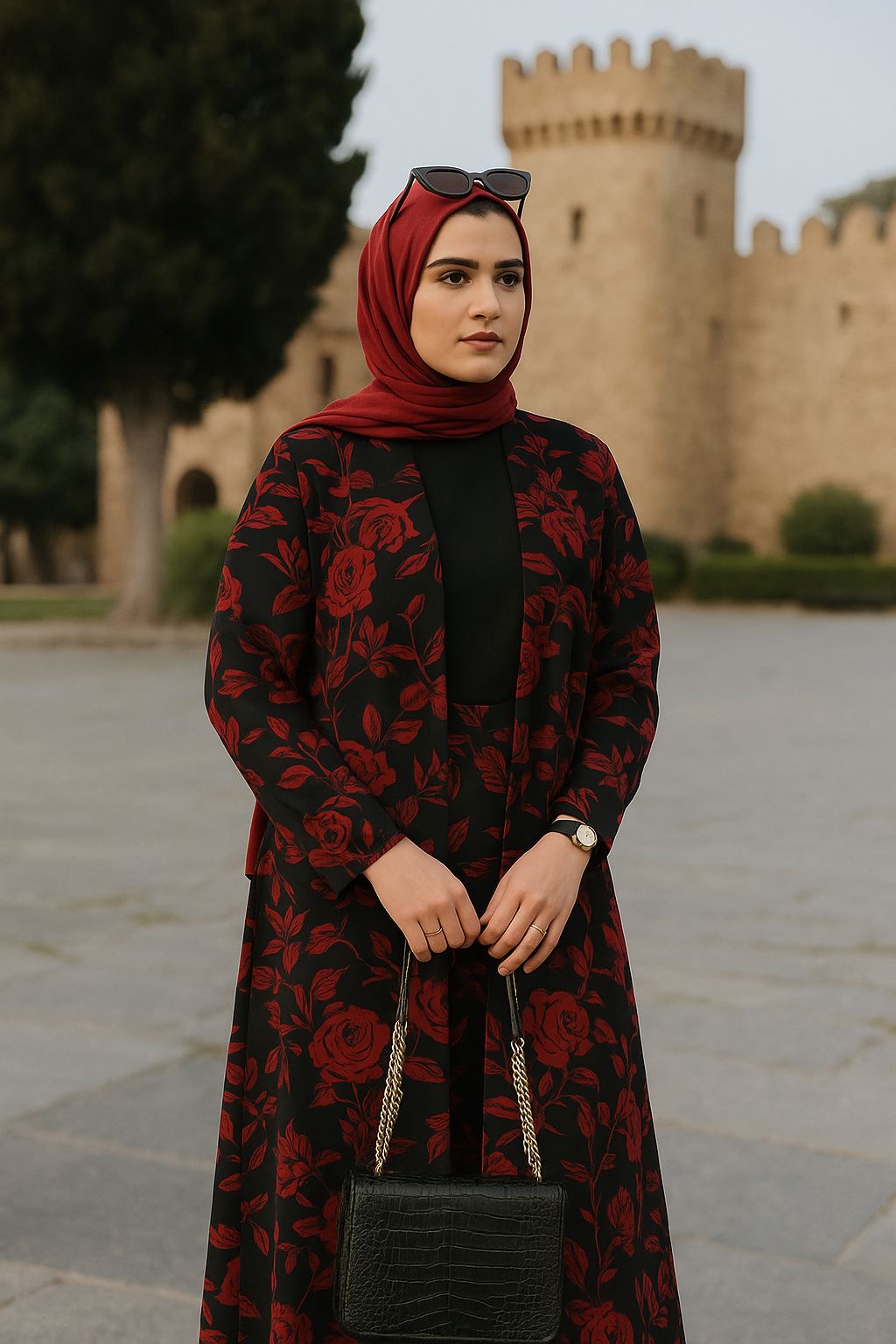 Red rose printed modest set(3 piece set)
