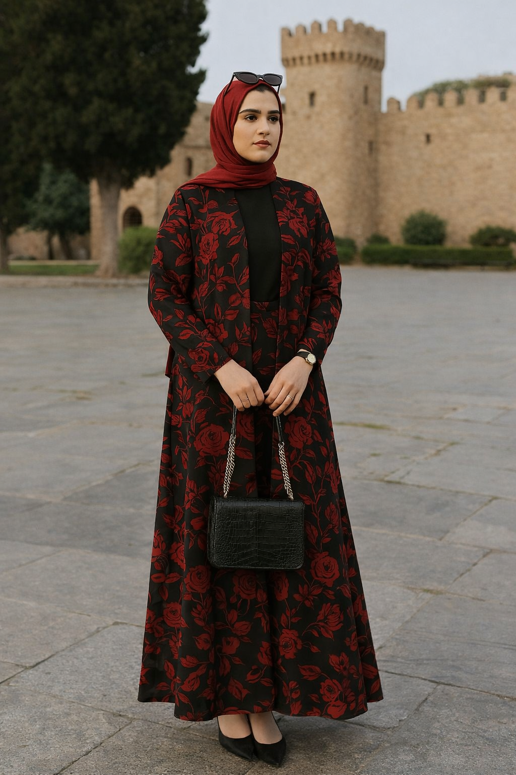 Red rose printed modest set(3 piece set)