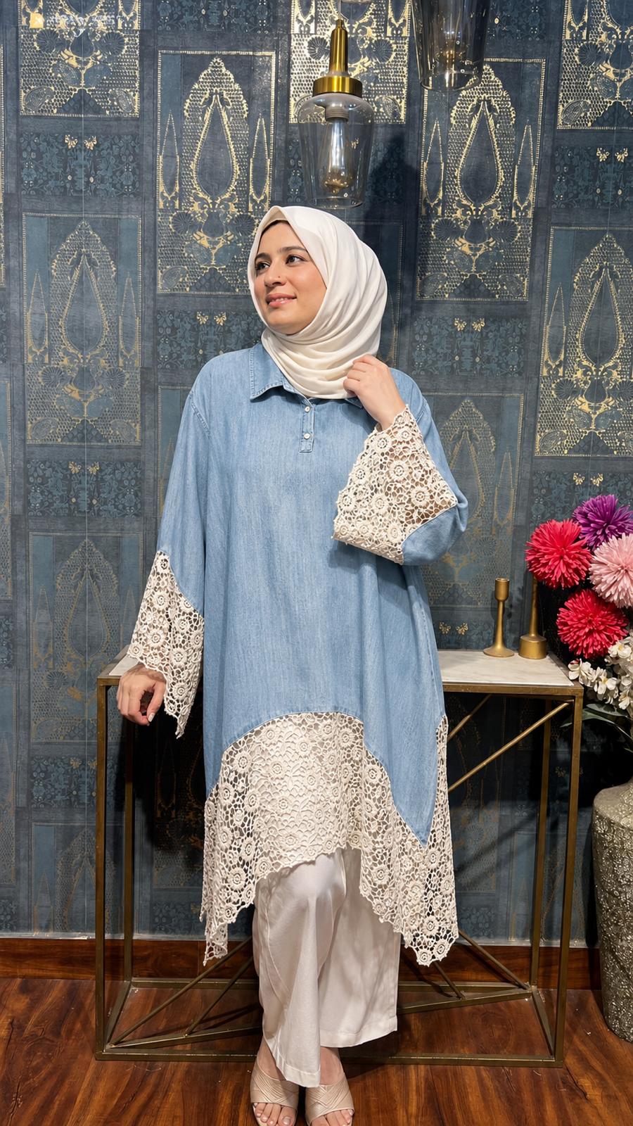 DENIM CROCHET PANEL TUNIC SET