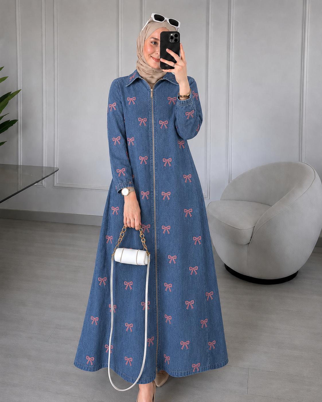 DENIM BOW CHARM ZIP-FRONT GOWN