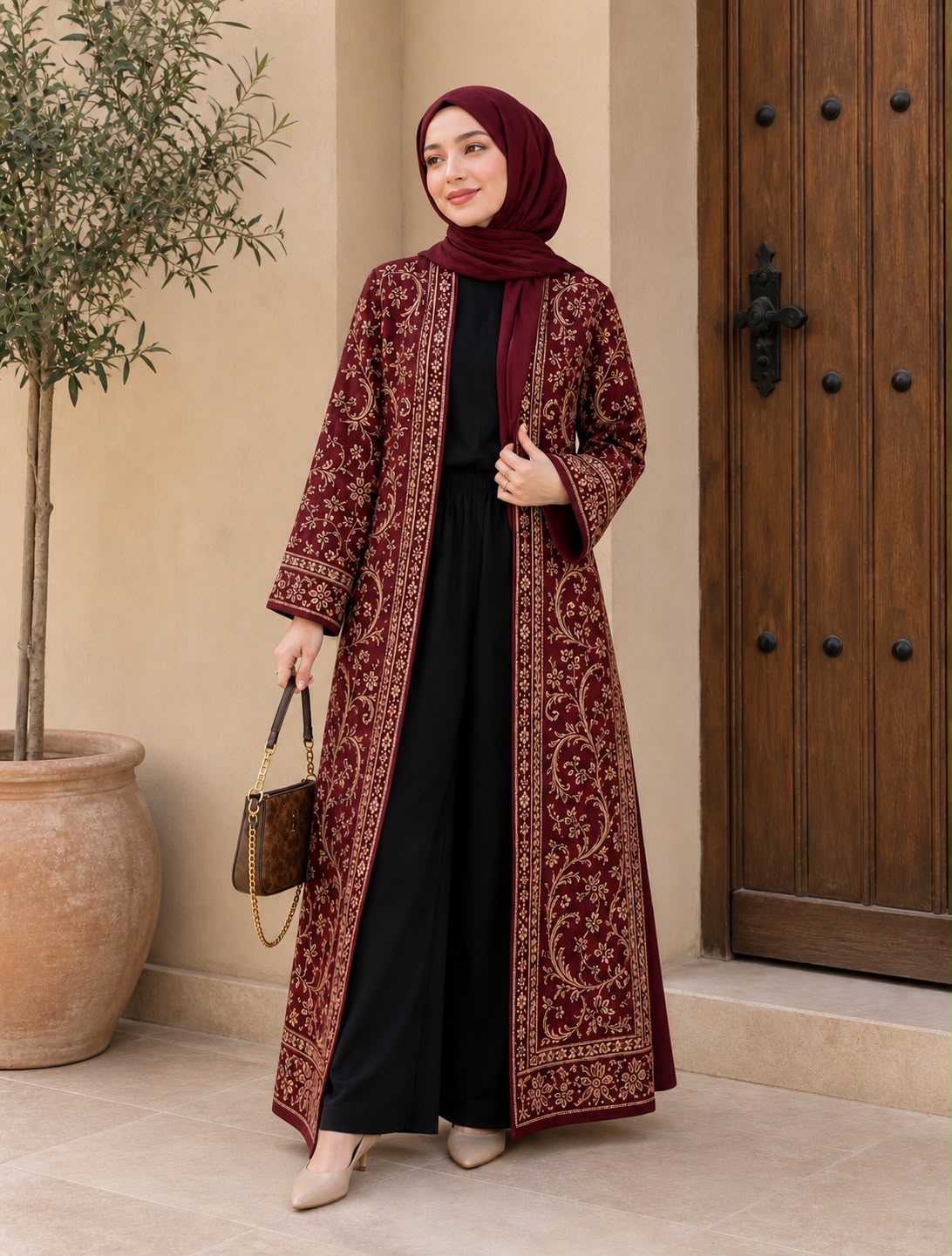 Zareen Maroon Printed Open Abaya