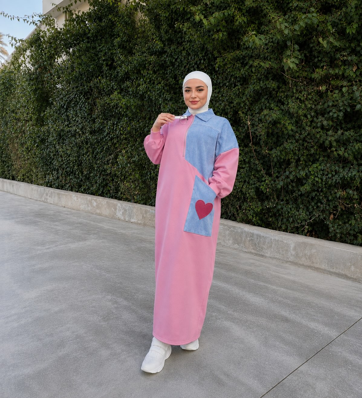 DENIM HEART PATCH LONG DRESS