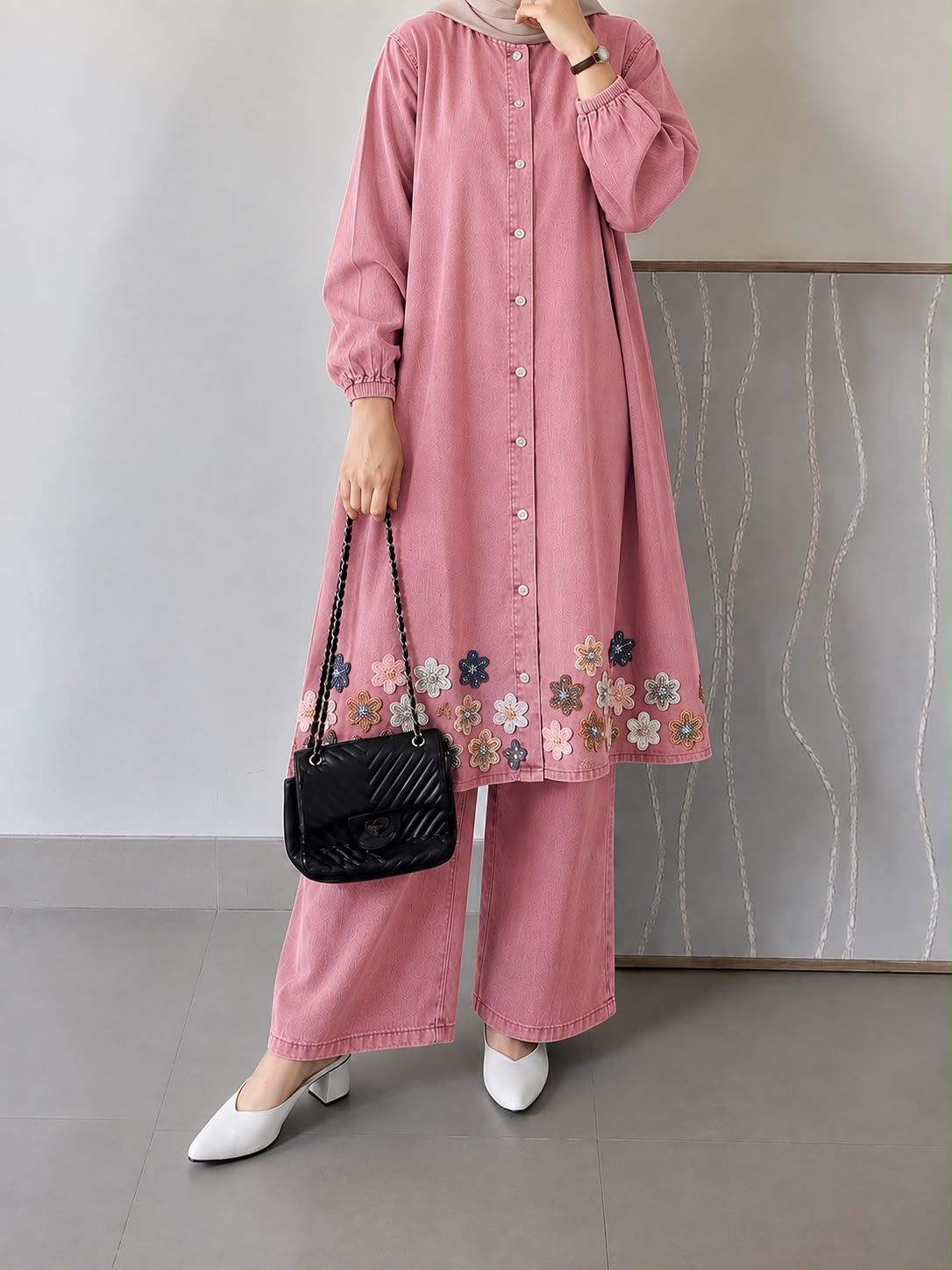 DENIM BEADED BLOOM CO-ORD SET