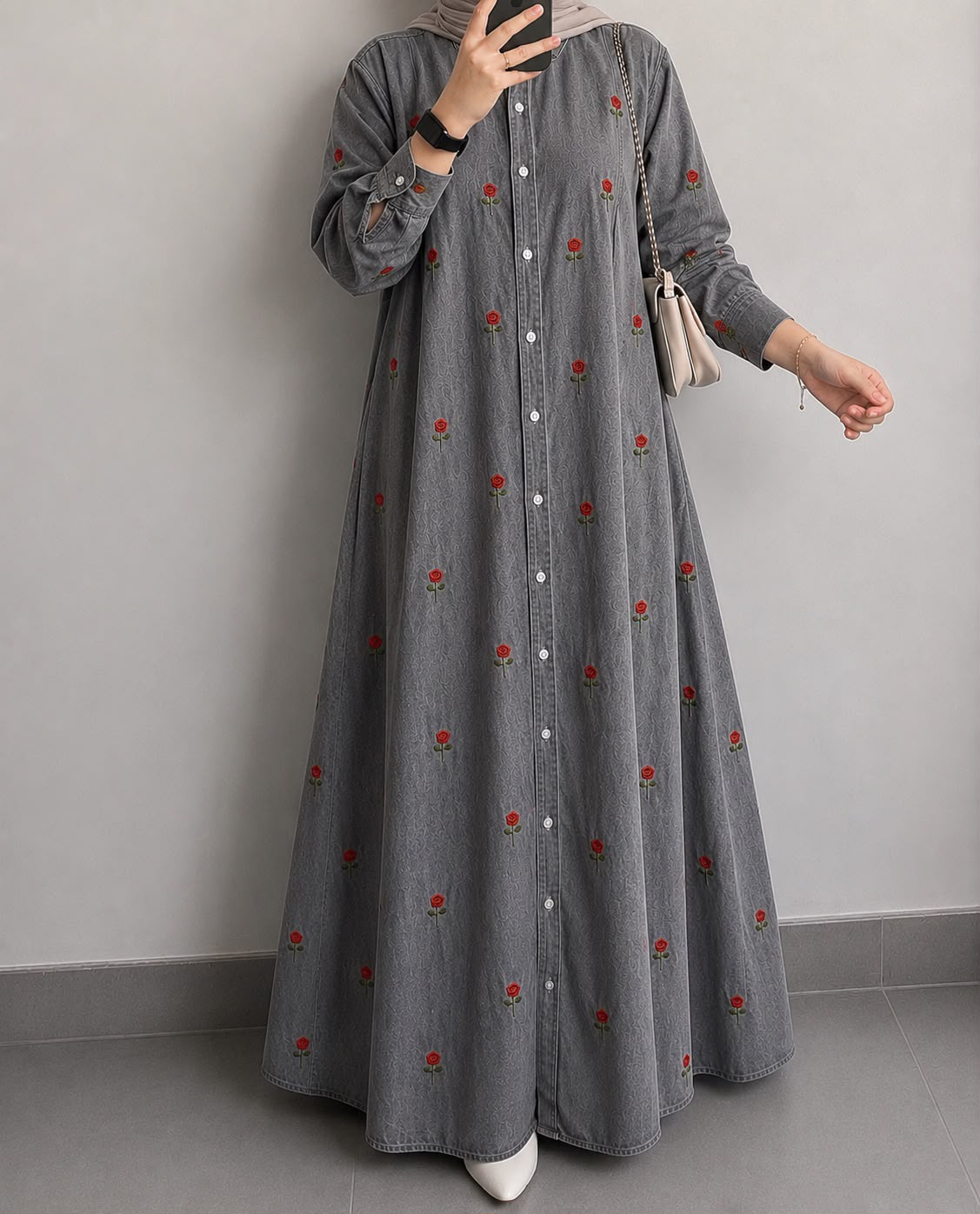 DENIM ROSE BLOOM EMBROIDERED MAXI GOWN