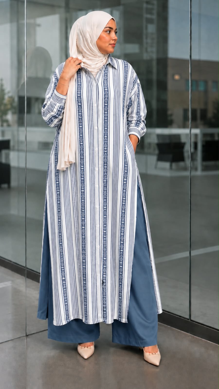 ELEGANT STRIPE PRINT MODEST CO-ORD SET