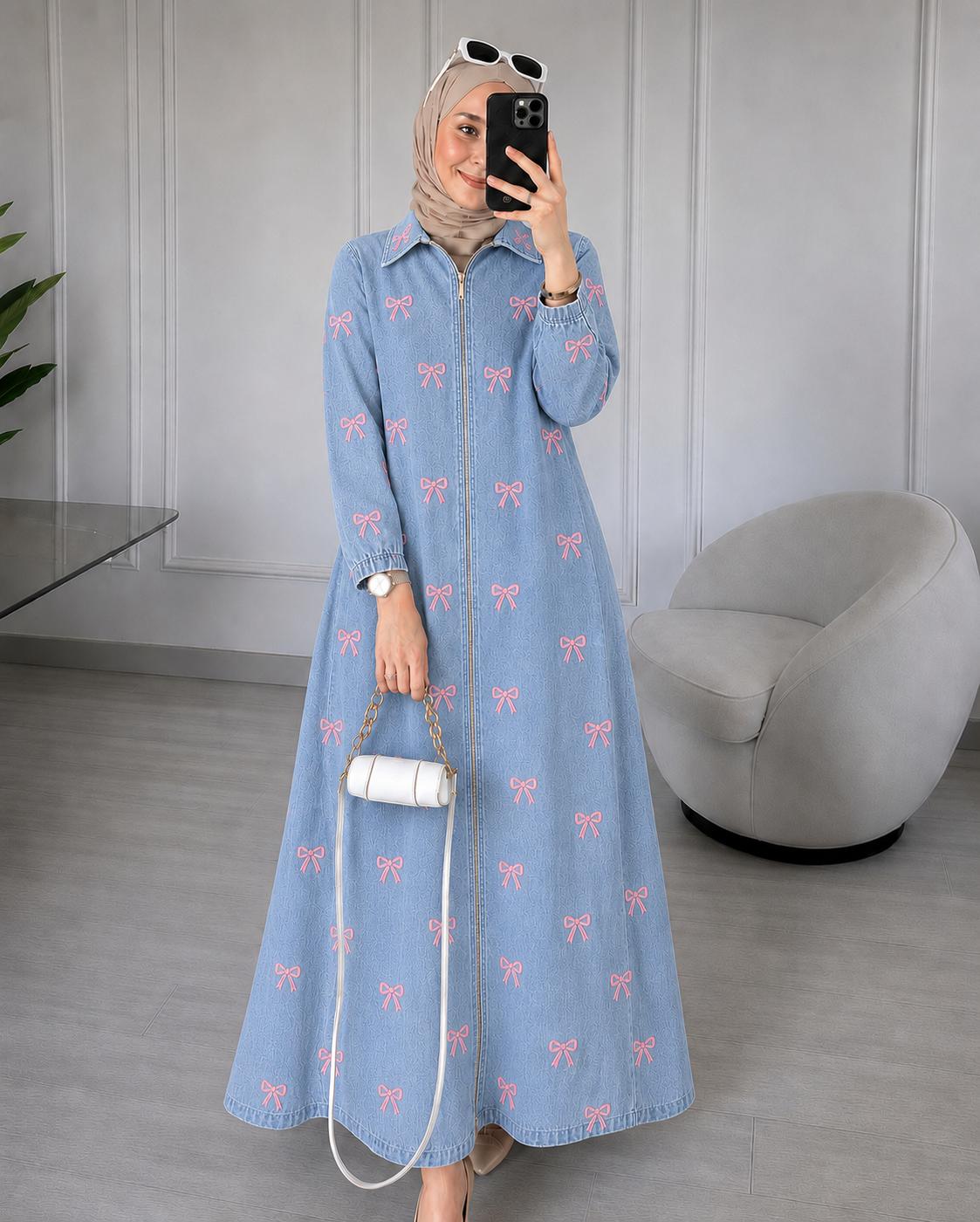 DENIM BOW CHARM ZIP-FRONT GOWN