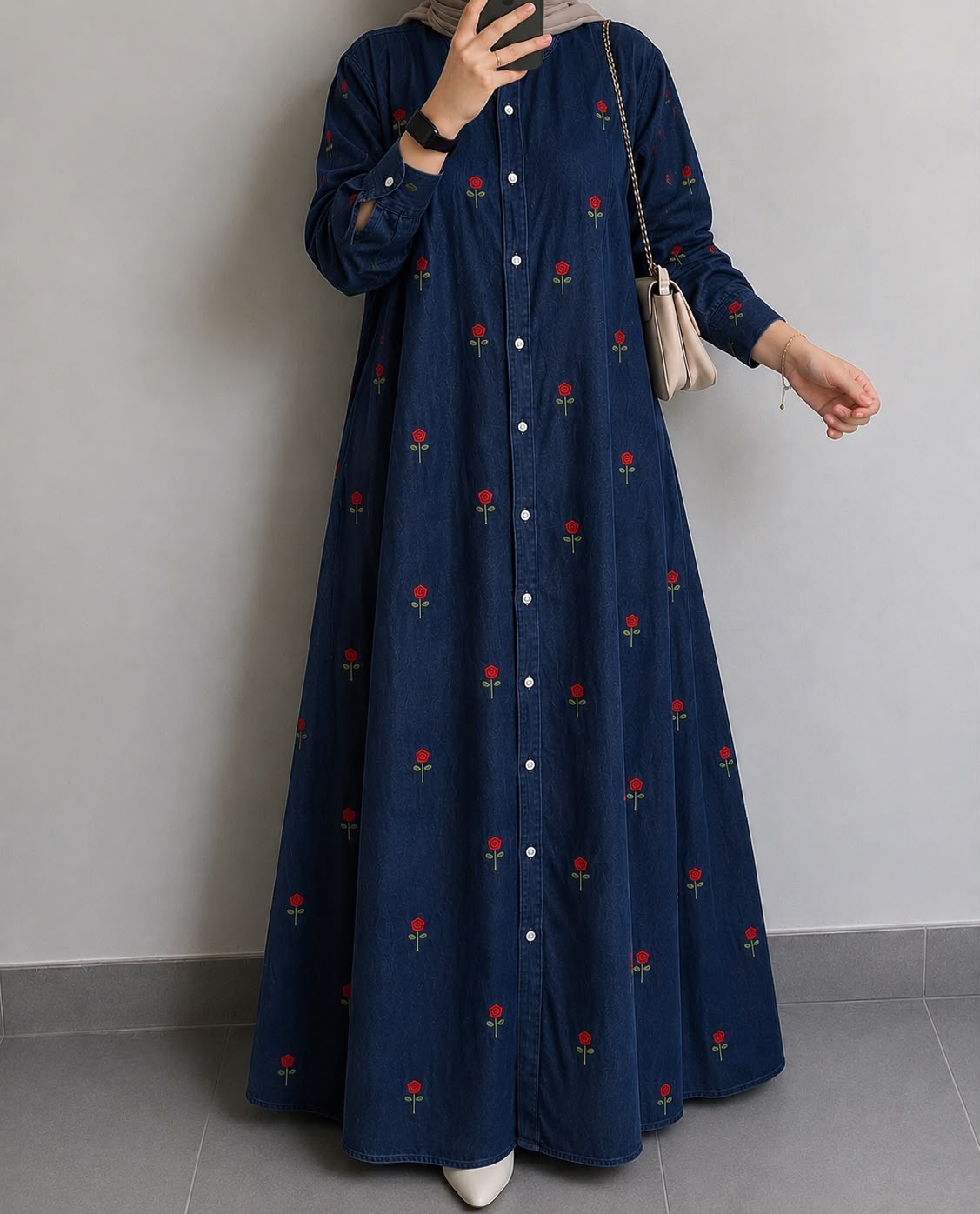 DENIM ROSE BLOOM EMBROIDERED MAXI GOWN