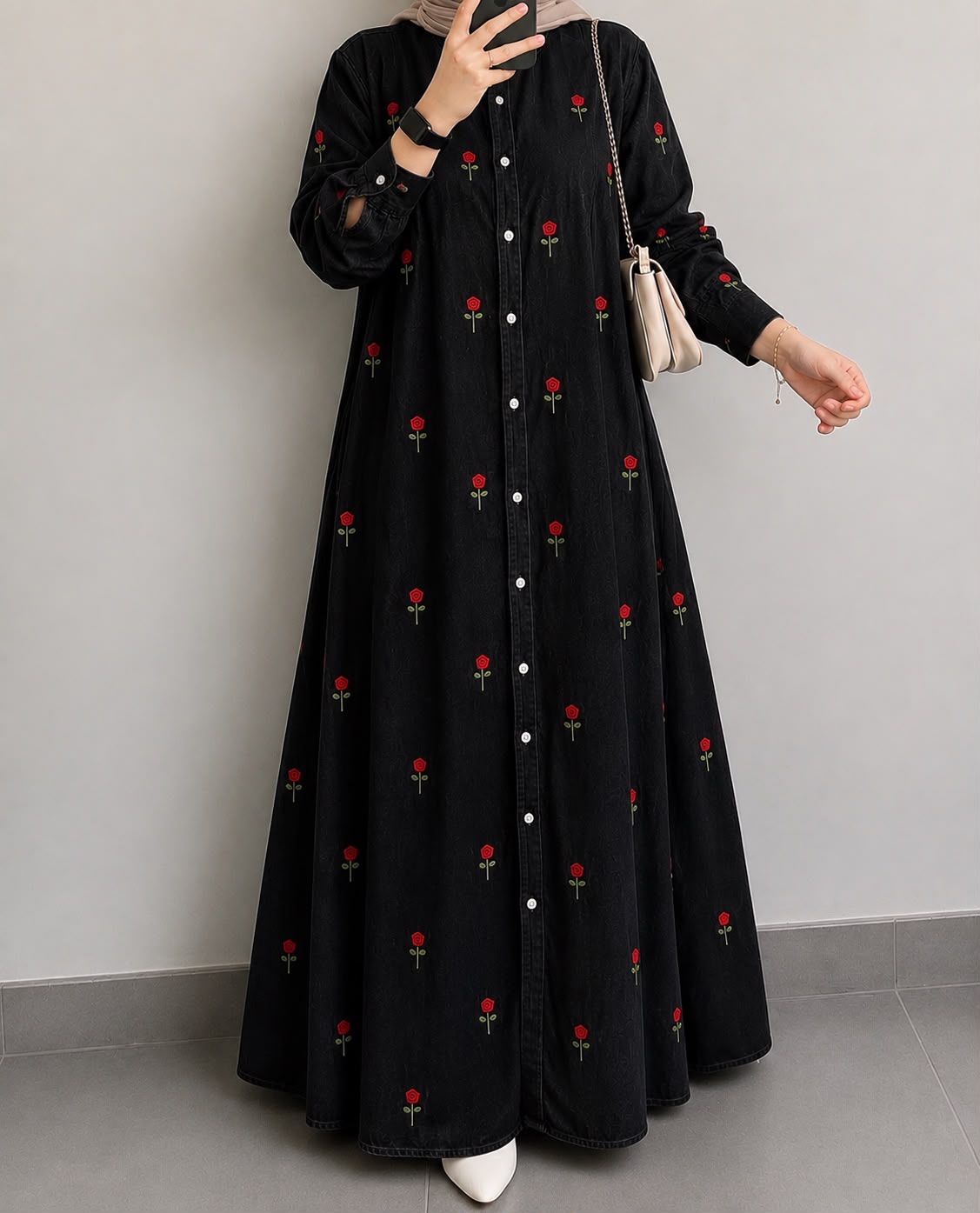 DENIM ROSE BLOOM EMBROIDERED MAXI GOWN