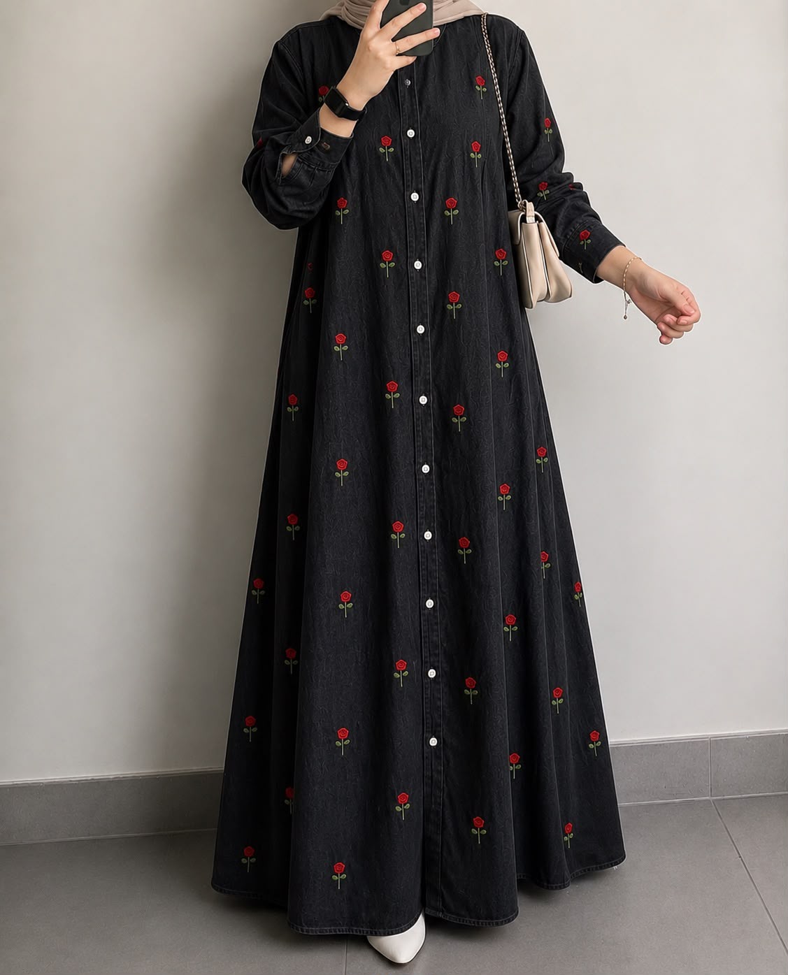 DENIM ROSE BLOOM EMBROIDERED MAXI GOWN
