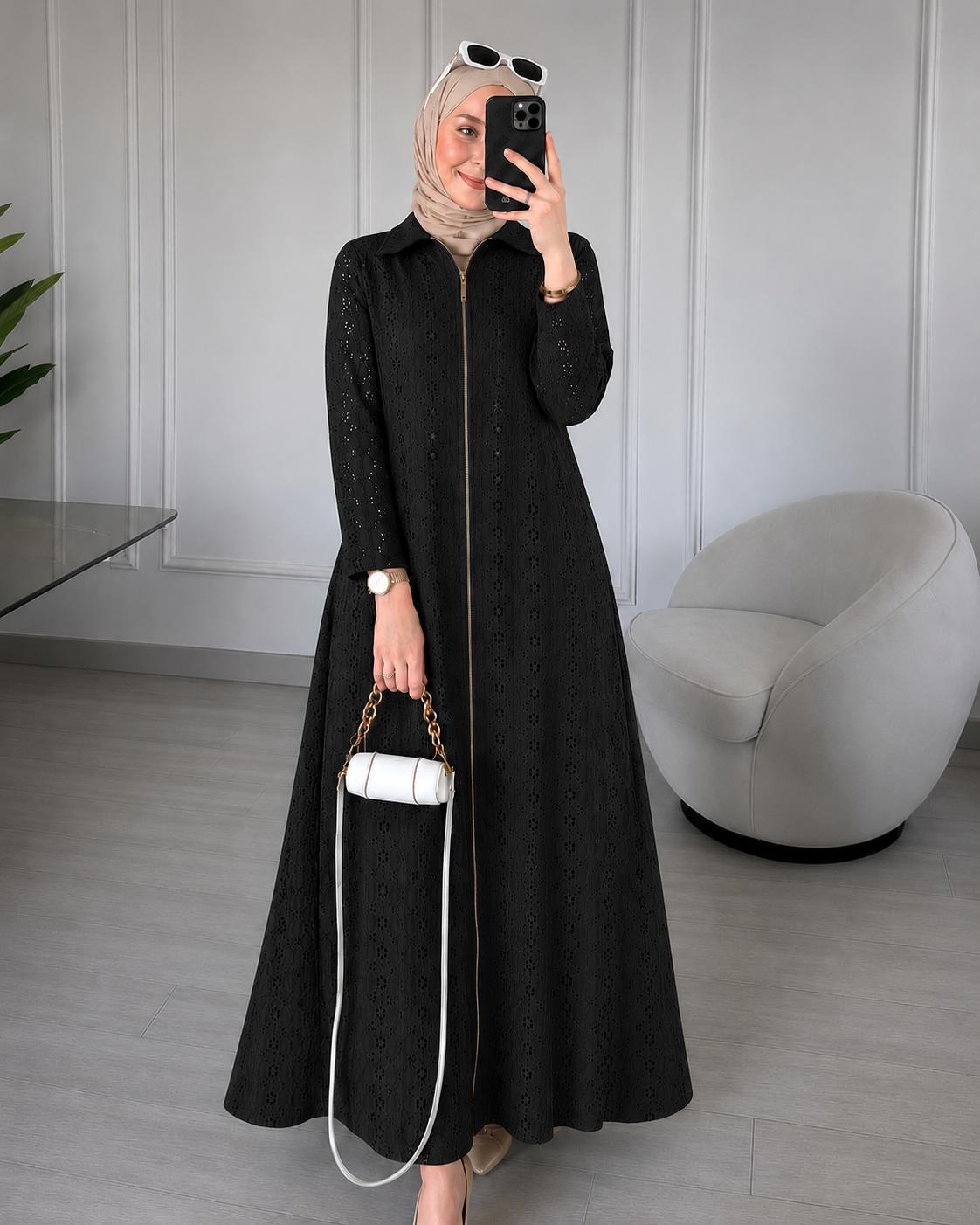 HACOBA DENIM ZIP-FRONT FLARE GOWN