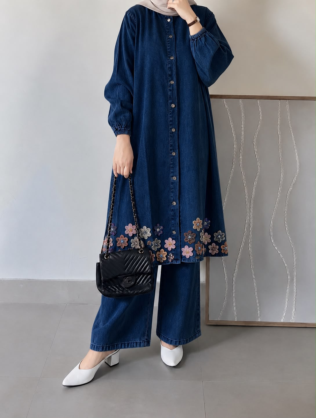 DENIM BEADED BLOOM CO-ORD SET