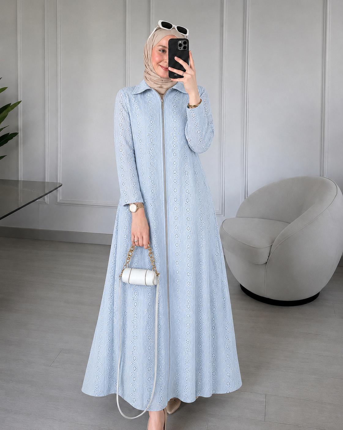 HACOBA DENIM ZIP-FRONT FLARE GOWN