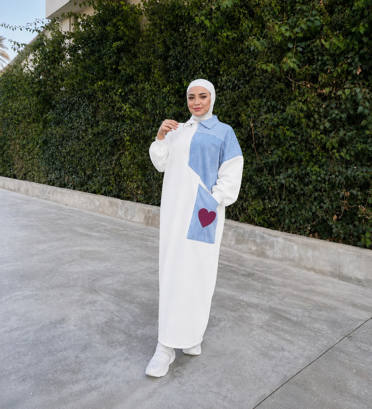 DENIM HEART PATCH LONG DRESS