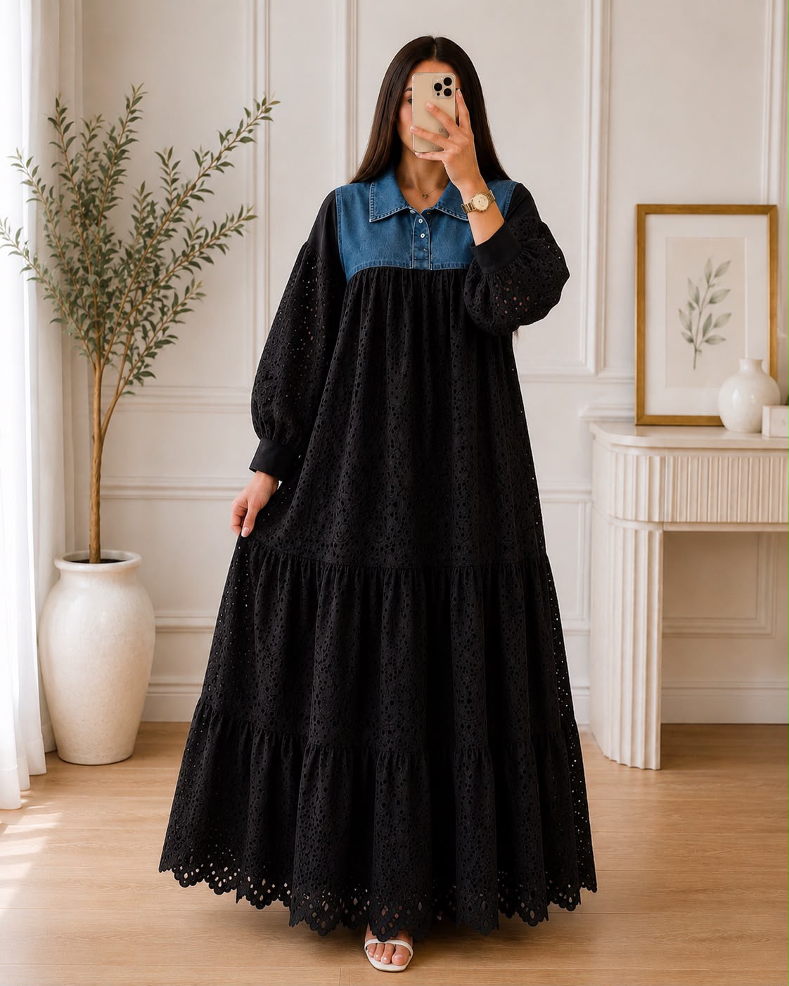 Denim Hacoba Tiered Maxi Gown – Full Sleeve Eyelet Dress