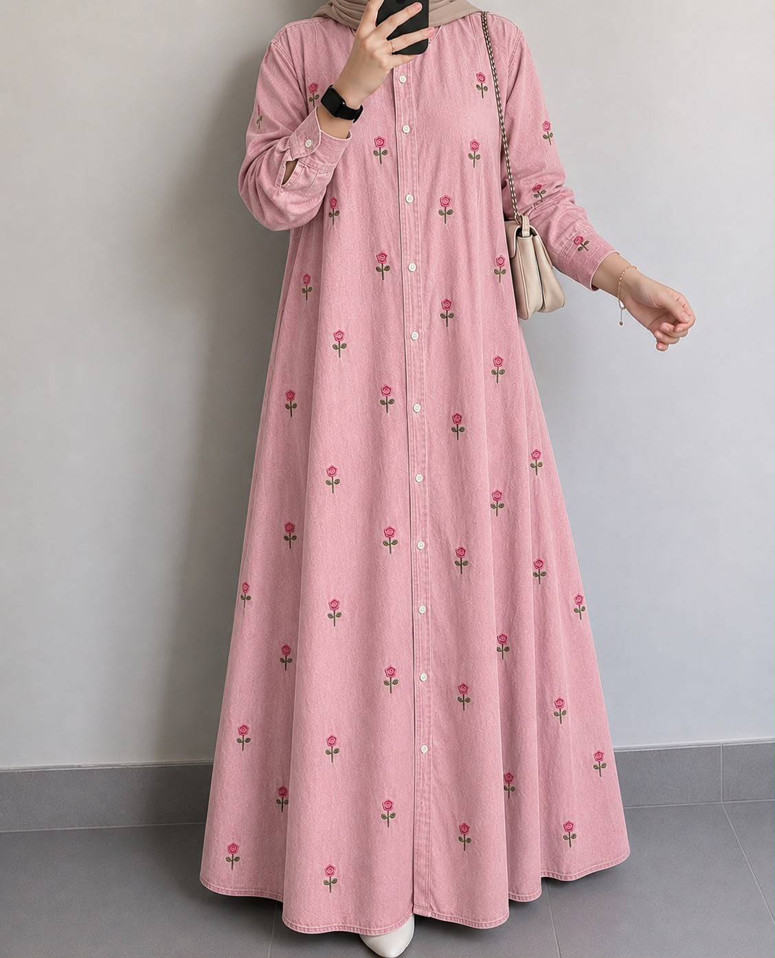 DENIM ROSE BLOOM EMBROIDERED MAXI GOWN