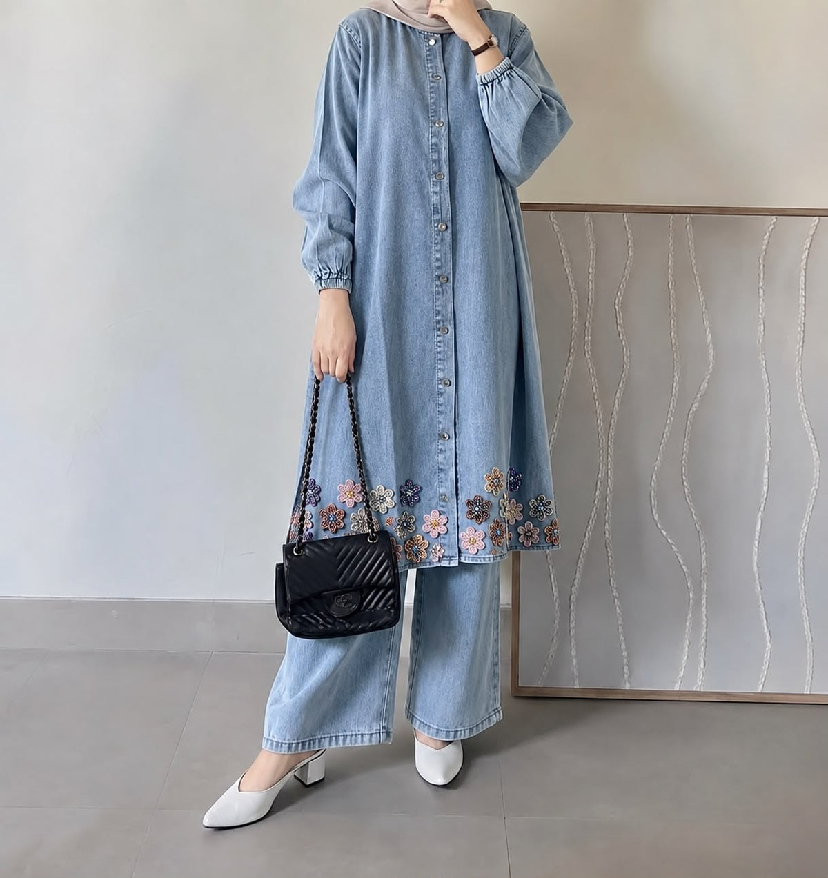 DENIM BEADED BLOOM CO-ORD SET