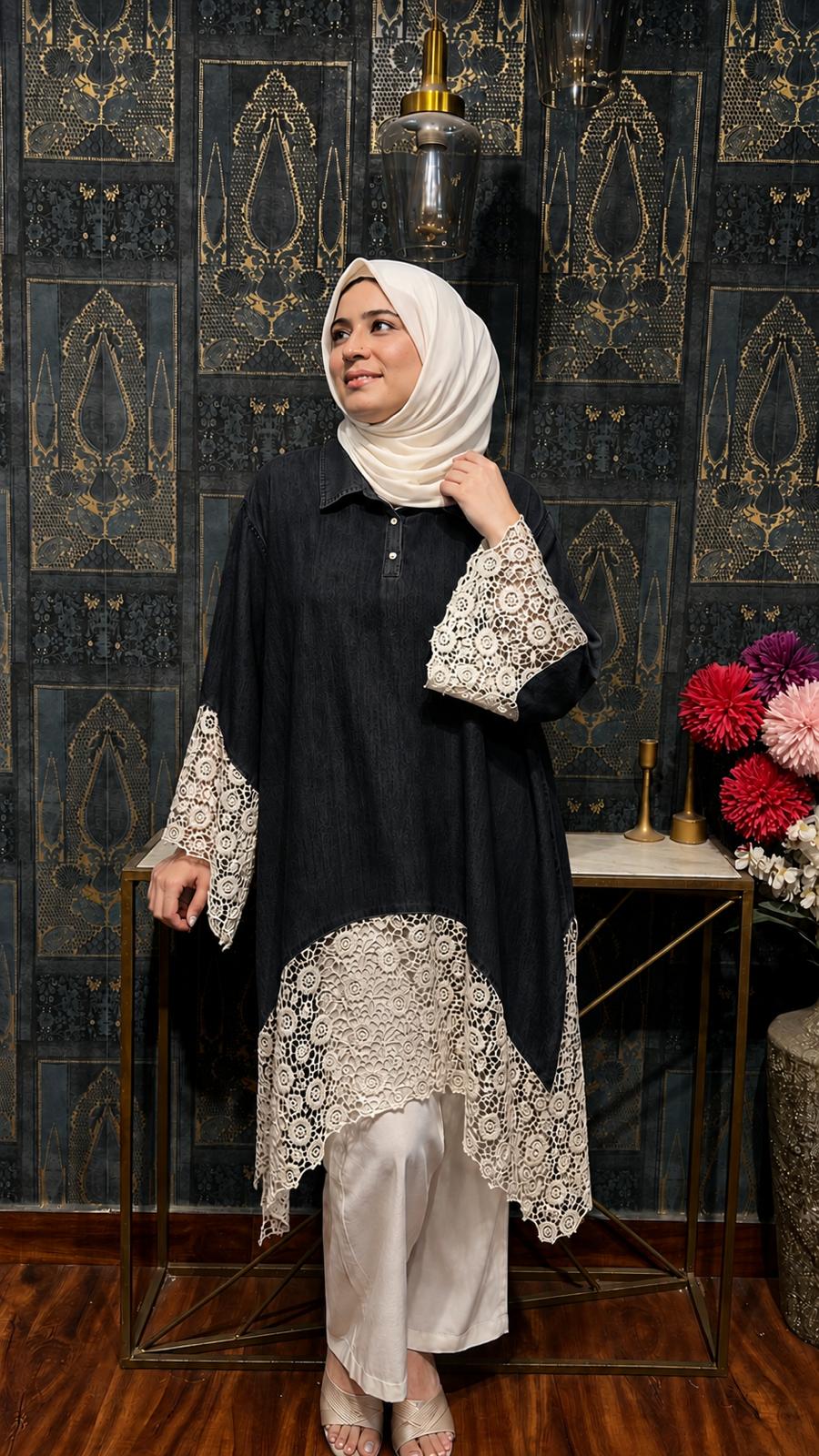 DENIM CROCHET PANEL TUNIC SET