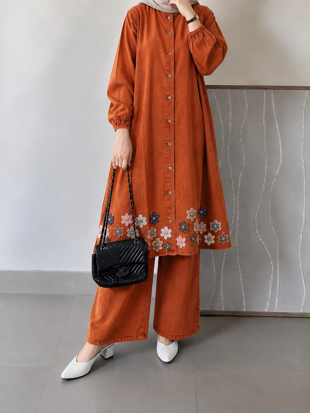 DENIM BEADED BLOOM CO-ORD SET