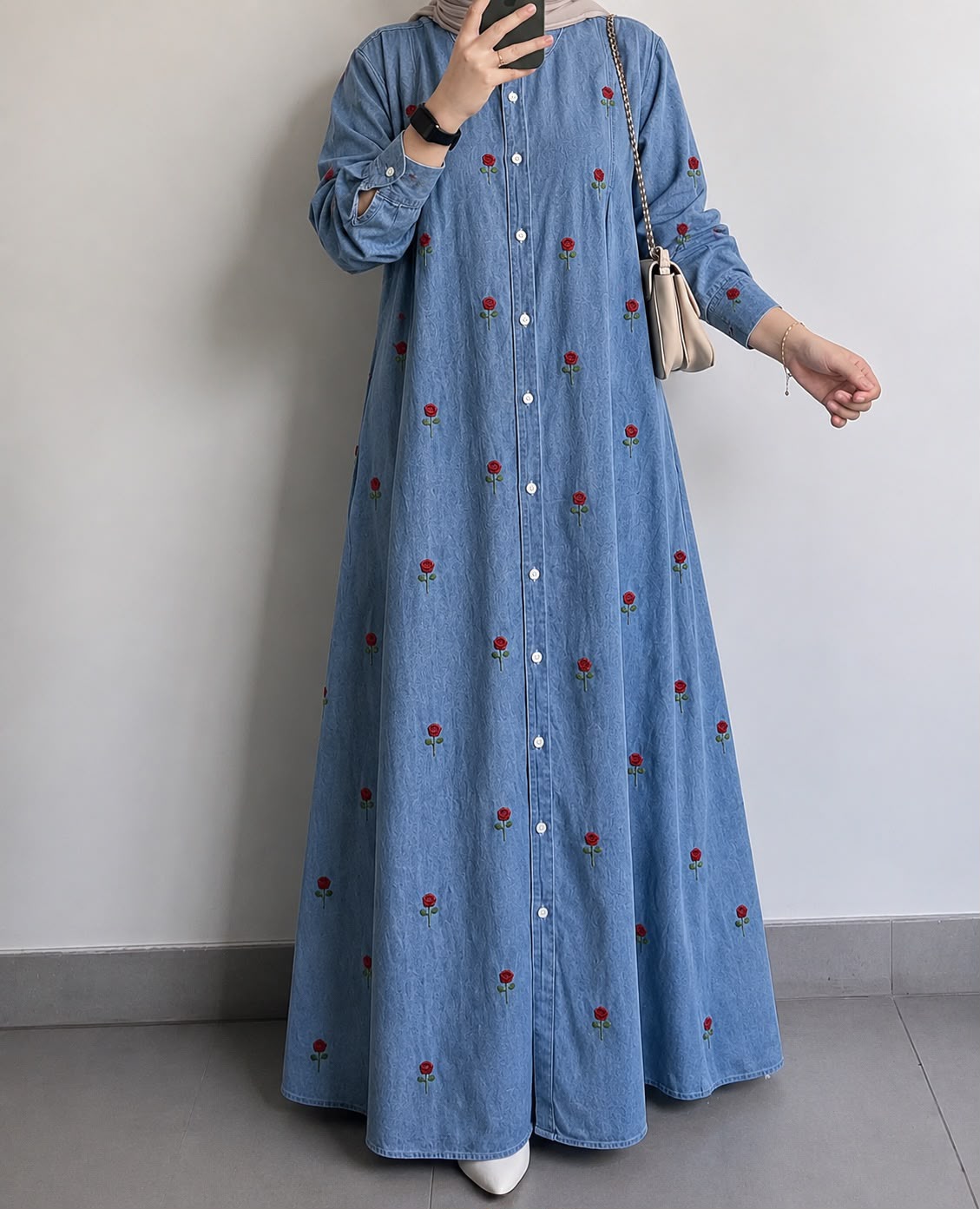 DENIM ROSE BLOOM EMBROIDERED MAXI GOWN