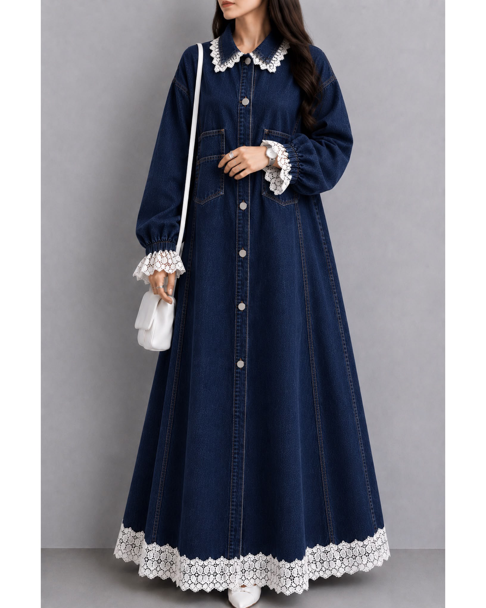 THE SAPPHIRE LACE-BORDER DENIM GOWN