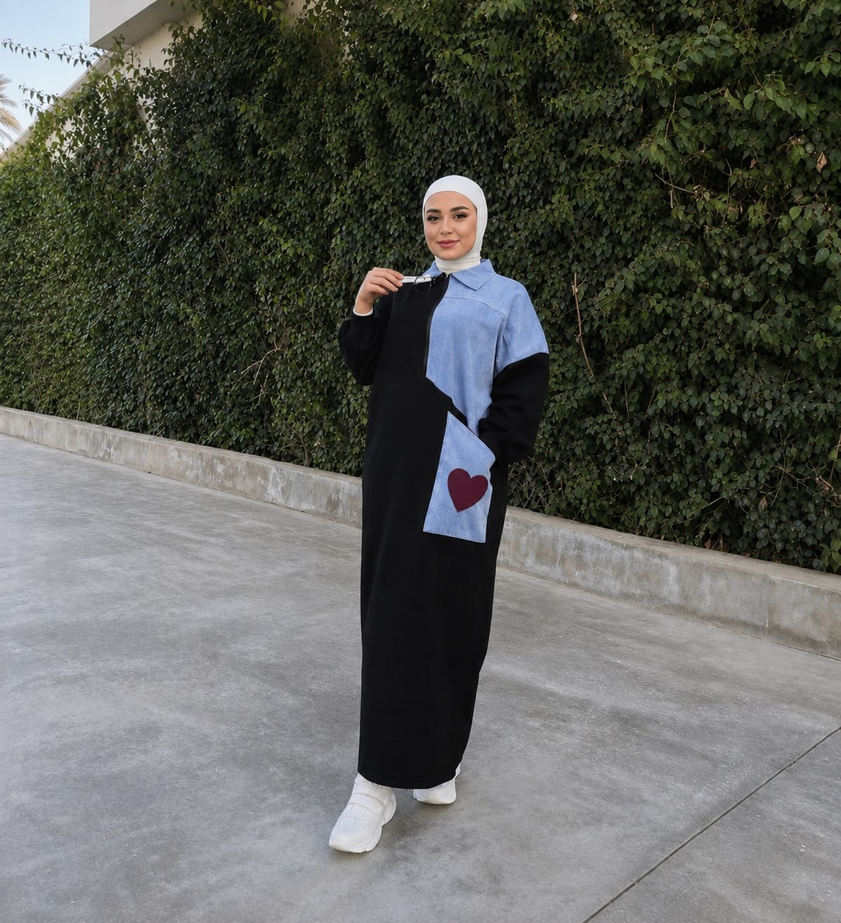 DENIM HEART PATCH LONG DRESS