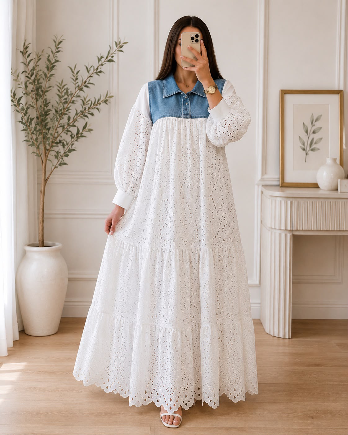 Denim Hacoba Tiered Maxi Gown – Full Sleeve Eyelet Dress