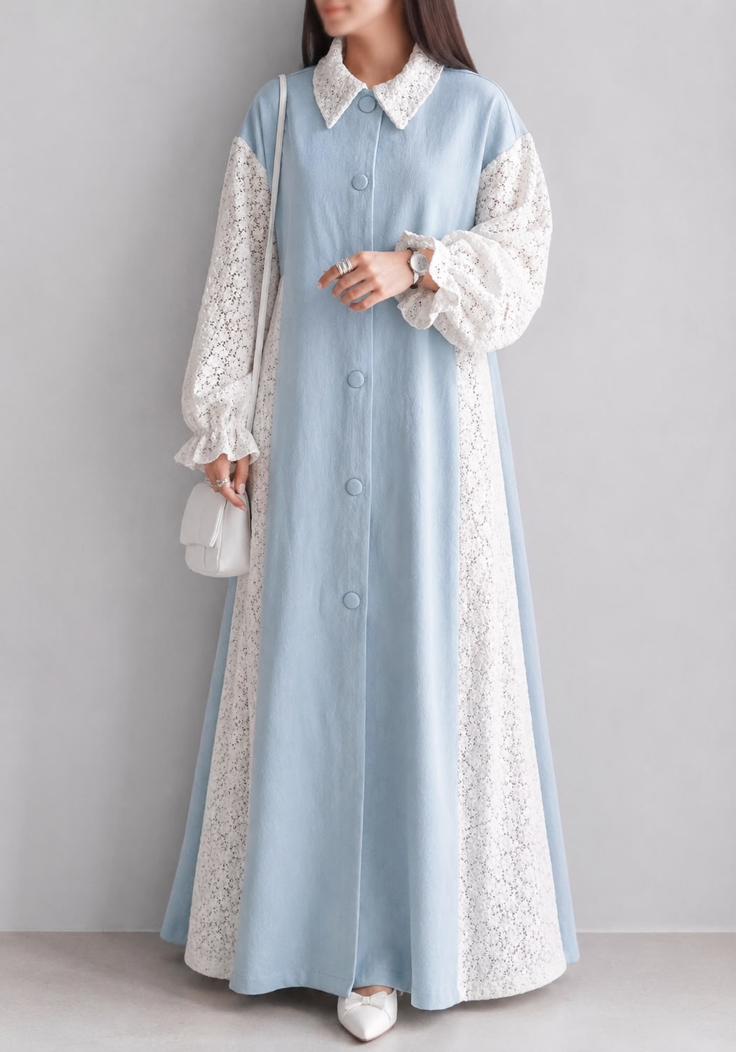 DENIM CROCHET PANEL MAXI GOWN