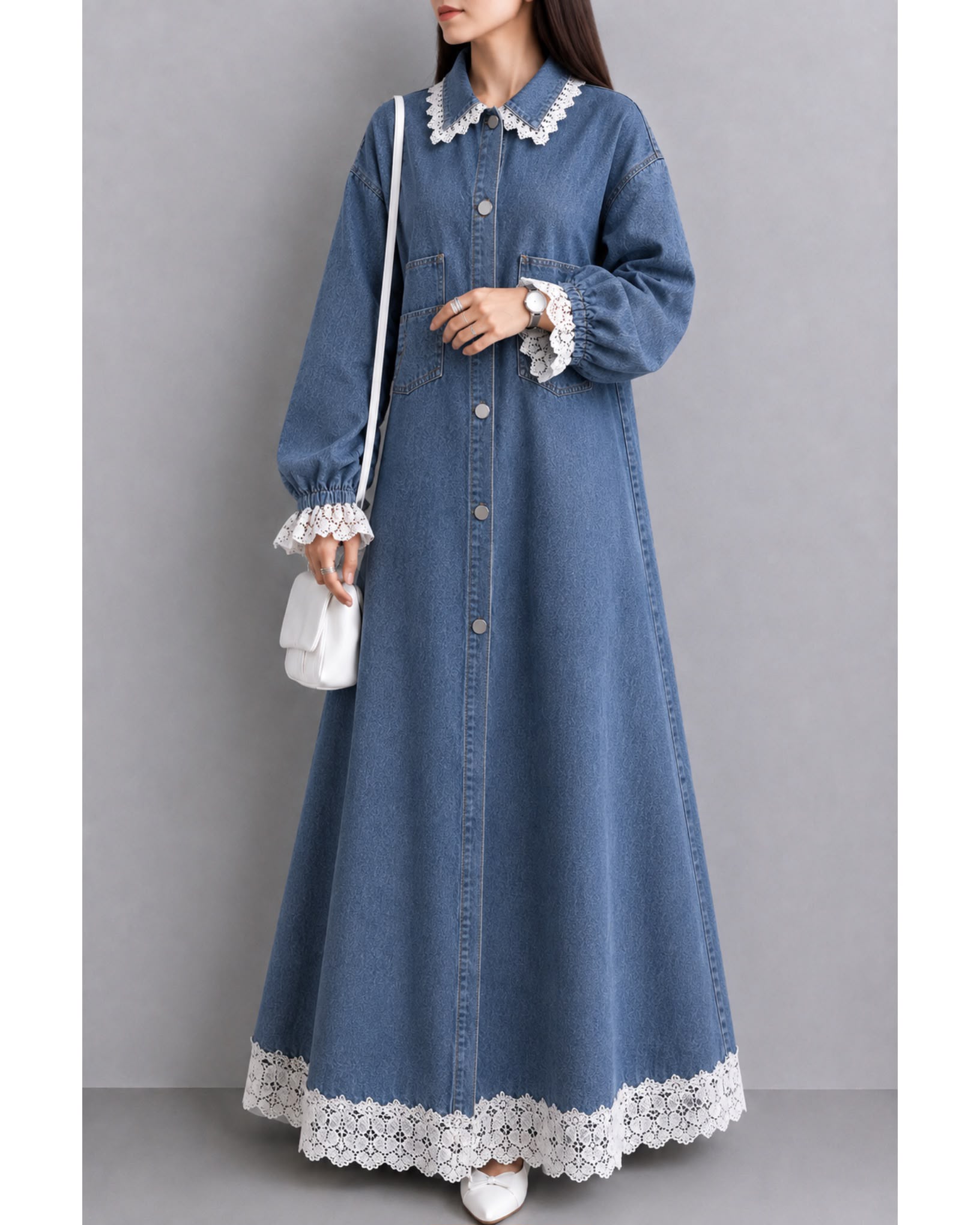 THE SAPPHIRE LACE-BORDER DENIM GOWN