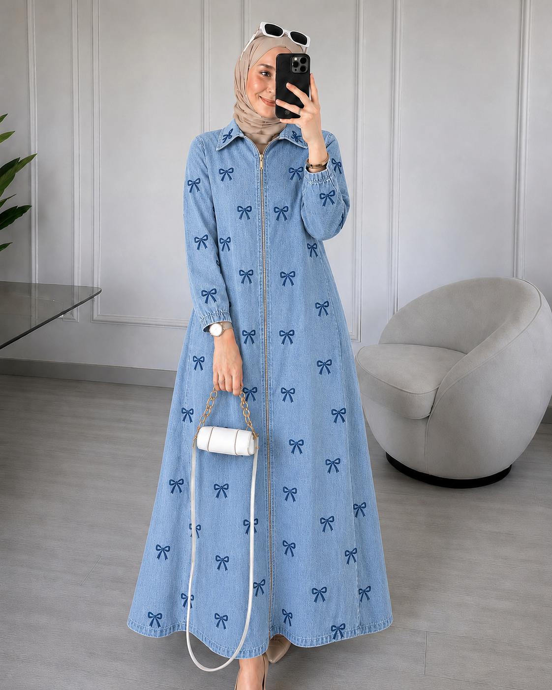 DENIM BOW CHARM ZIP-FRONT GOWN