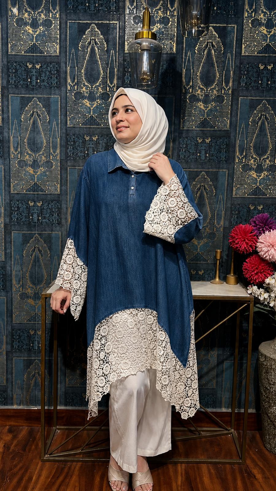 DENIM CROCHET PANEL TUNIC SET