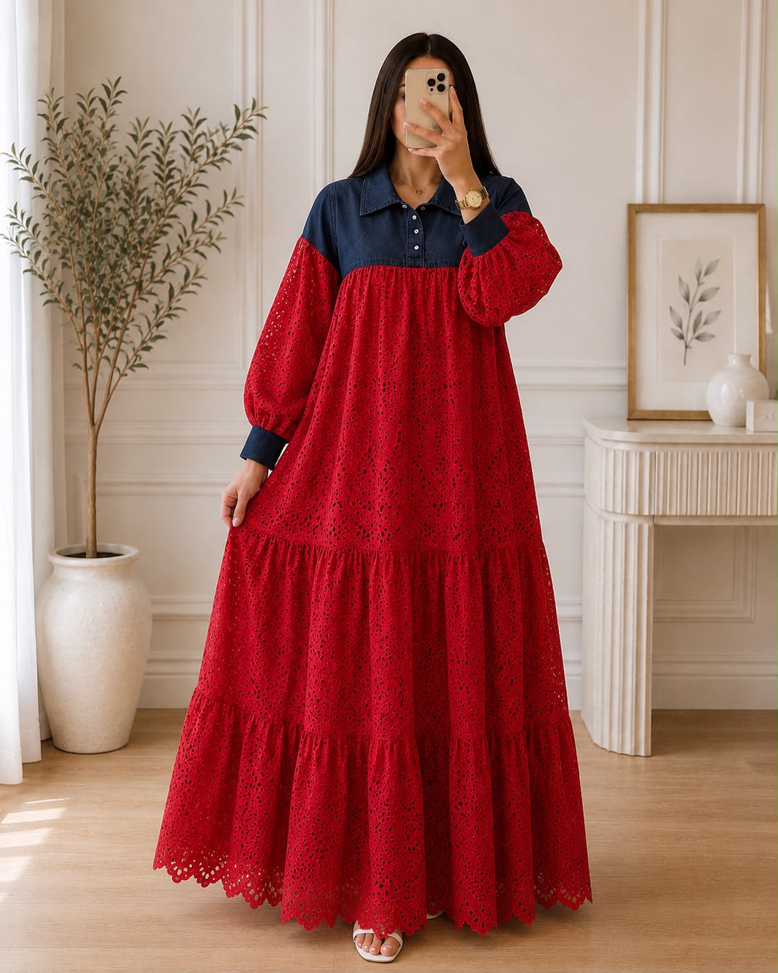 Denim Hacoba Tiered Maxi Gown – Full Sleeve Eyelet Dress