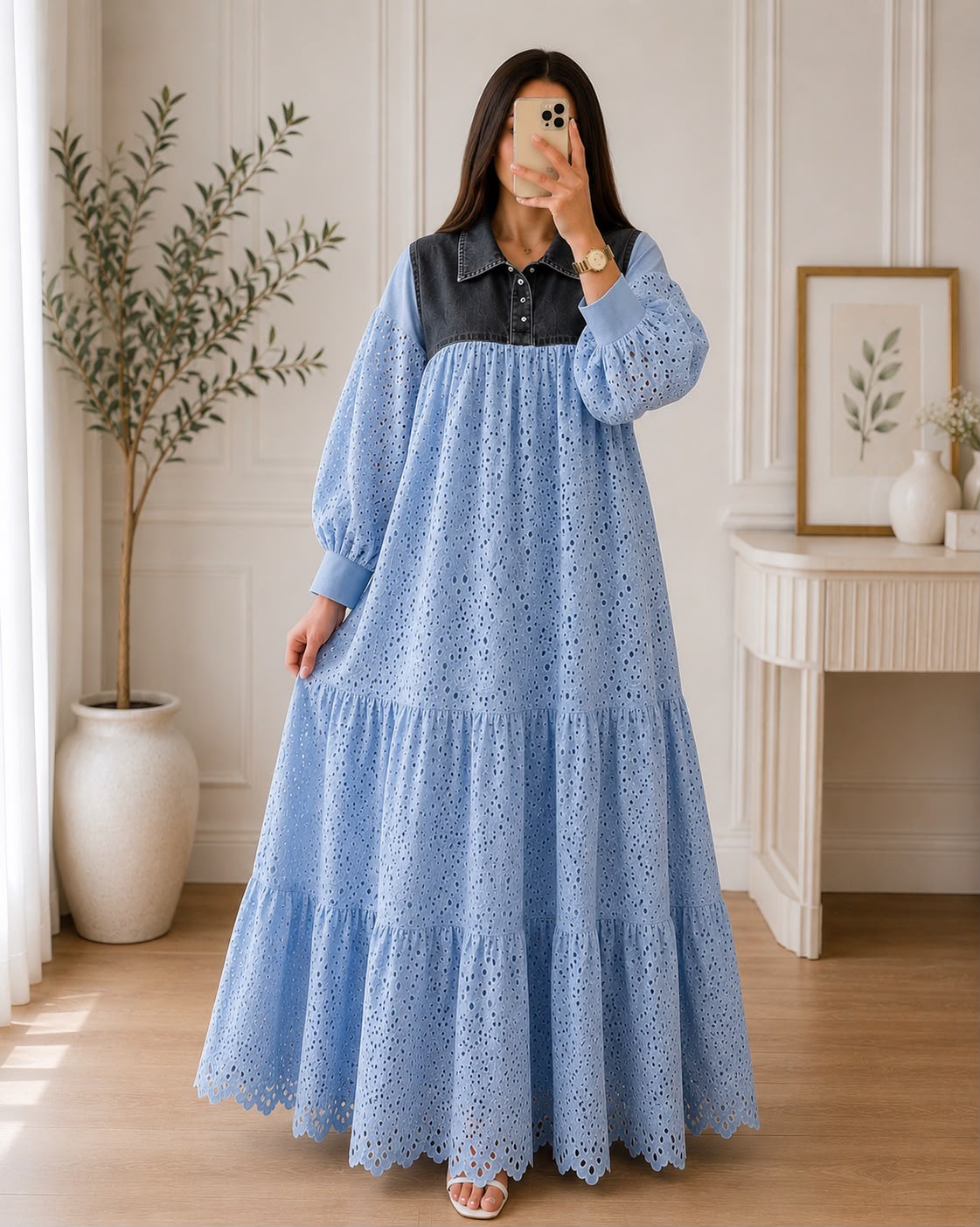 Denim Hacoba Tiered Maxi Gown – Full Sleeve Eyelet Dress