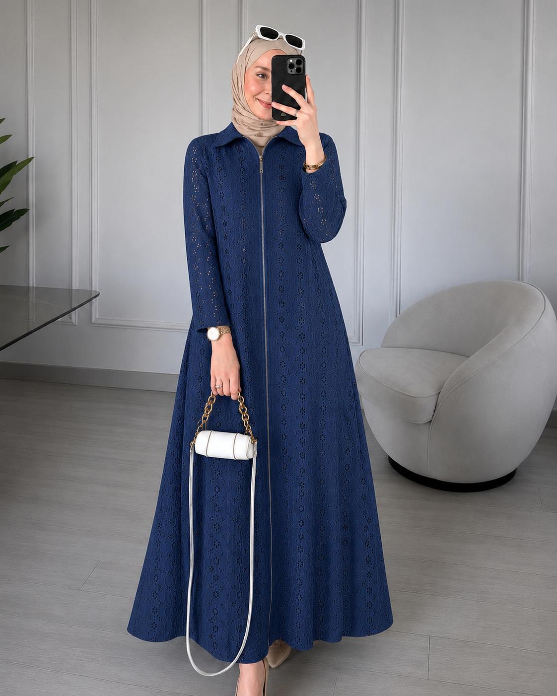 HACOBA DENIM ZIP-FRONT FLARE GOWN